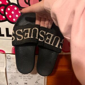 GUESS Kids Black and Gold Slide Sandals